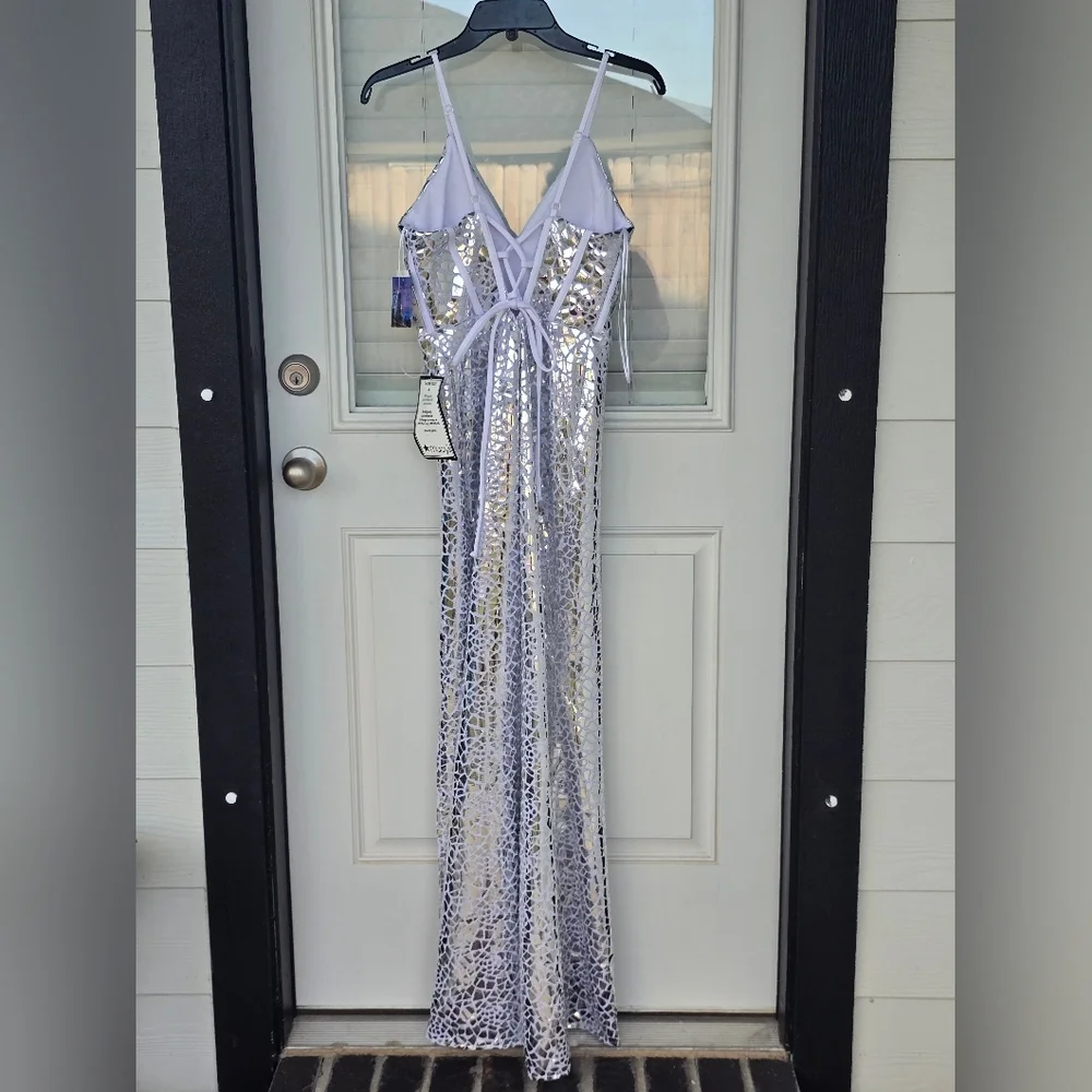 Morgan & Co Juniors' Metallic Print V-Neck Sleeveless Gown Sz 7 Silver Cocktail - Picture 15 of 16